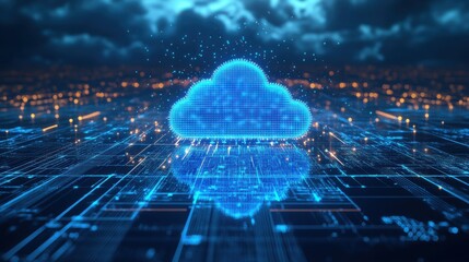 Poster - A digital cloud icon surrounded by a grid of circuits, representing advanced technology and data connectivity in a futuristic environment.