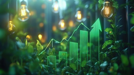 Poster - A vibrant scene featuring lush greenery, illuminated bulbs, and a graph indicating growth, symbolizing the intersection of nature and progress.