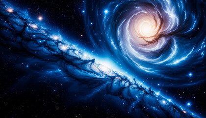 Poster - A mesmerizing view of a swirling galaxy in deep space. Blue hues dominate, with a bright, glowing center and cosmic dust trails amidst the stars.  A celestial spectacle of infinite wonder.
