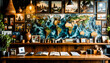 © YiuCheung - Cozy interior featuring a detailed world map as a striking wall decor, complemented by various framed paintings. A wooden counter displays books and vases.