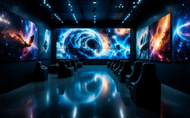 Poster - A modern viewing room with chairs is facing a massive screen showing cosmic scenes of galaxies and nebulae. The room is dark and futuristic with bright screen light reflections.