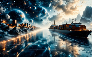 Aufkleber - A cargo ship navigates towards a futuristic city at night under a sky filled with planets and stars, creating a surreal and dreamy atmosphere.