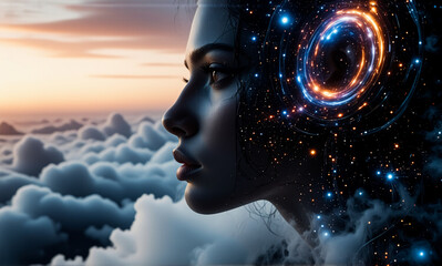 Poster - A woman's profile gazes towards a vibrant horizon above clouds, with cosmic energy swirling around her head, blending mind and universe.