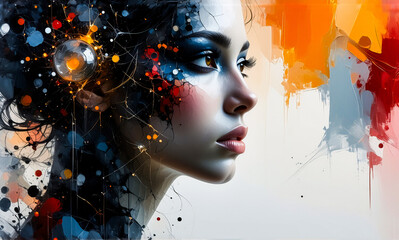 Fototapete - A woman's profile is artistically rendered with vibrant paint splatters in shades of orange, red, blue, and black.  The abstract style creates a visually striking and colorful portrait.