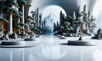 Poster - Serene futuristic landscape with white structures, bonsai-like trees, and reflective water under a bright sky. Distant mountains complete the tranquil scene.