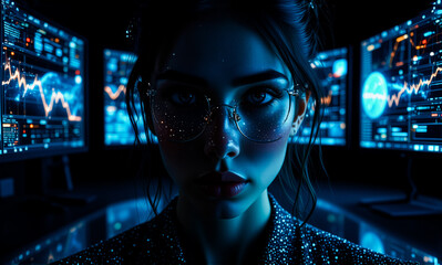 Poster - Focused woman in glasses surrounded by glowing data screens. Dark, futuristic, digital atmosphere. Appears to be analyzing information with intensity.