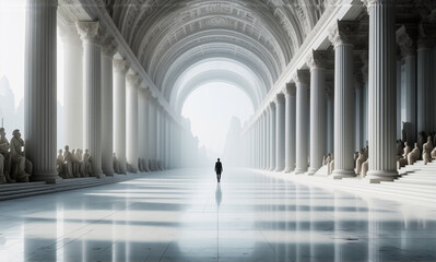 Poster - A lone figure walks through a brightly lit, expansive hall with classical columns and statues lining the sides, creating a sense of grandeur and journey.