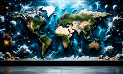 Poster - A world map with continents floats against a vibrant cosmic backdrop filled with stars, planets, and nebulous clouds. The map appears three-dimensional.