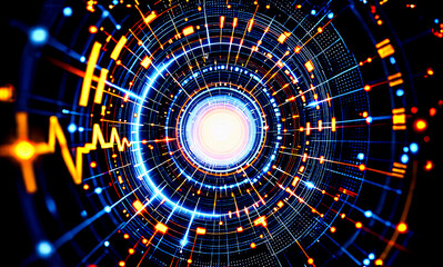 Poster - A vibrant tunnel of blue and orange lines and dots radiates from a bright center, conveying digital energy flowing through a futuristic technological network.