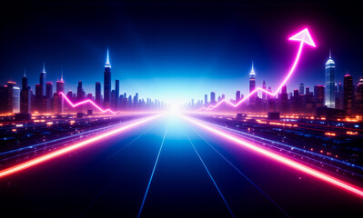 Aufkleber - Vibrant night cityscape with neon lights and upward arrow signifies progress in a futuristic style with blue and pink tones.
