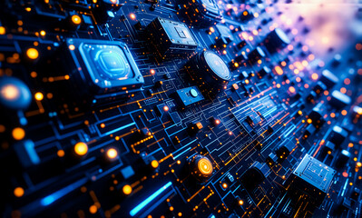 Leinwandbilder - Futuristic circuit board with glowing blue and orange lights, showcasing intricate electronic pathways and components in a technological and digital design.