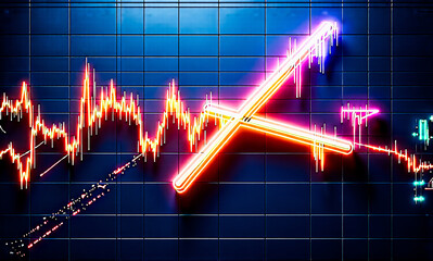 Poster - Vibrant neon X symbol overlaying a dynamic stock market chart with bright orange and purple lines on a dark blue grid backdrop.