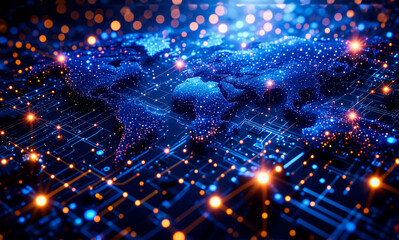 Aufkleber - Glowing world map made of digital lights on a circuit board background with bokeh effect. Represents global connectivity and technology.