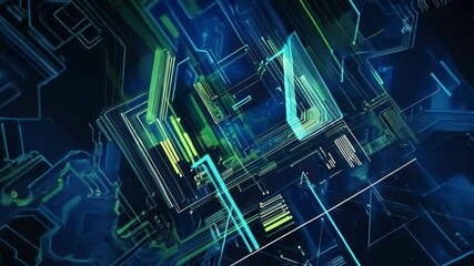 Fototapete - Cybernetic Blueprint: A captivating representation of a futuristic digital cityscape, composed of intricate, interconnected circuit board pathways and glowing structural elements.