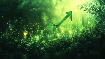 Poster - A vibrant green scene featuring upward growth with light bulbs and an arrow, symbolizing innovation and prosperity in a natural setting.