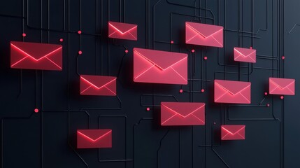 Poster - Wall covered with numerous red envelopes representing b2b cold email strategy flowchart for business communication