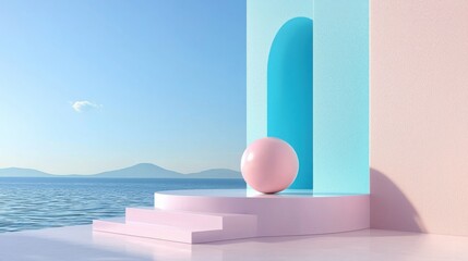Poster - Pink ball elegantly positioned on a white pedestal illustrating effective branding strategy and visual communication
