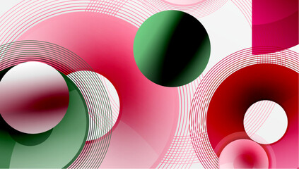 Aufkleber - Abstract composition. Overlapping circles, curves, lines create dynamic visual effect. Red, green, white colors dominate. Modern design, geometric shapes.
