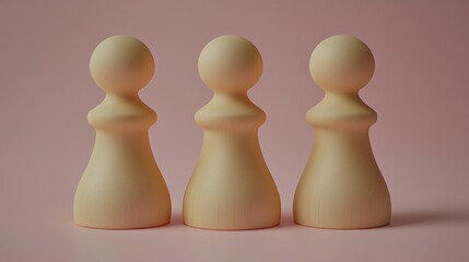 Poster - Three charming wooden dolls displayed on a soft pink background representing team collaboration and unity in design