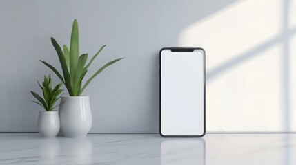 Poster - Clean workplace featuring a plant and a phone on a desk creating a fresh and inviting atmosphere for productivity
