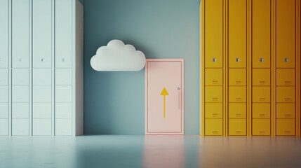 Poster - Colorful room featuring a bright yellow door and a playful pink door symbolizing choices and opportunities ahead