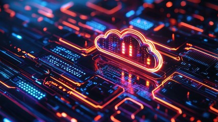 Poster - Unique cloud shaped like a heart on a computer circuit board representing love in the digital age of technology
