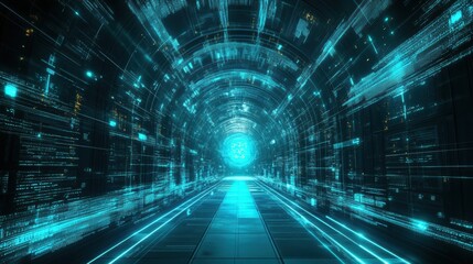 Poster - A futuristic tunnel illuminated with blue lights and digital patterns, creating a sense of depth and technology.