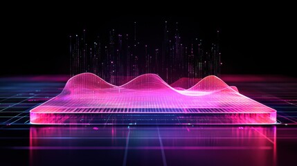 Poster - A vibrant digital wave formation with glowing lines and particles, set against a dark background, illustrating abstract data visualization.