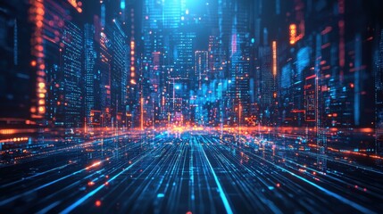 Poster - A futuristic cityscape with illuminated skyscrapers and vibrant blue and orange lights, creating a digital, high-tech atmosphere.