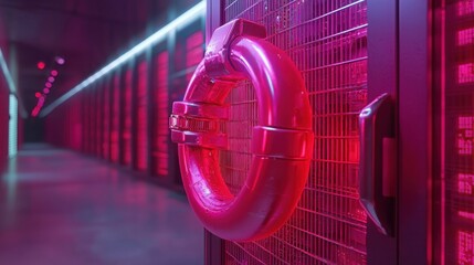 Poster - Red light illuminating server room symbolizing cybersecurity firewall protection concept for network security measures