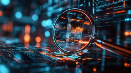 Poster - A close-up of a magnifying glass focused on digital data, showcasing vibrant colors and abstract patterns indicative of technology and analytics.