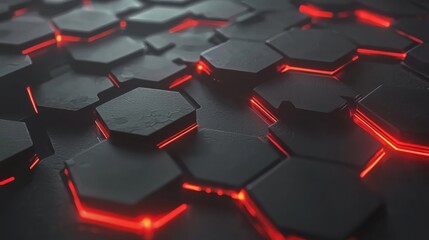 Poster - Striking black and red hexagon pattern creating a futuristic cyber shield with glowing elements for visual impact