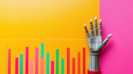 Poster - Robotic hand analyzing data with bar chart displayed in a modern digital environment for business insights