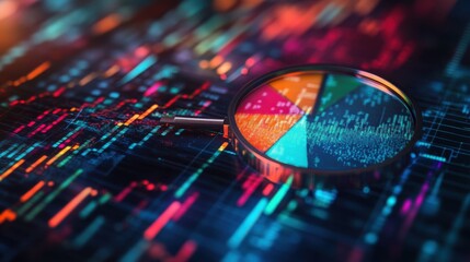 Poster - A close-up view of a magnifying glass over colorful data visualizations, illustrating analysis and insights in a digital context.