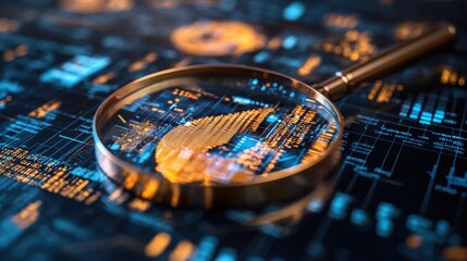 Poster - A magnifying glass on a digital map, highlighting data and technology in a vibrant, futuristic setting.