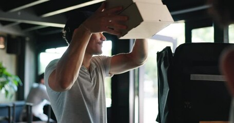 Poster - Coffee shop, man and smile for package, delivery and smartphone for online order and customer service. Small business, people and checking for info on mobile, ecommerce and happy for distribution