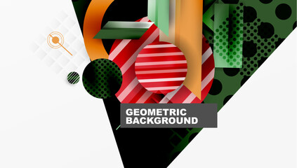 Aufkleber - Abstract design. Vibrant shapes overlap. Red stripes, green dots, orange curves. White space creates balance. Modern aesthetic. Minimalist composition.