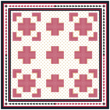 A seamless print pattern of red and white maze-like square graphics tiled across the image.