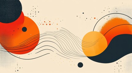 Poster - abstract design featuring vibrant circles in red, orange, and black with flowing lines, creating a d