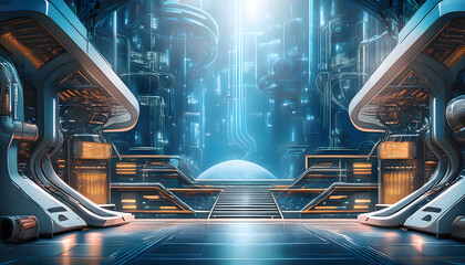 Poster - Futuristic interior with sleek designs and glowing elements, evoking a high-tech atmosphere