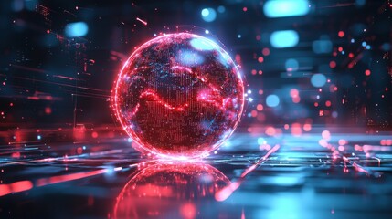 Poster - A vibrant, digital representation of a globe surrounded by glowing particles and a futuristic background, symbolizing technology and connectivity.