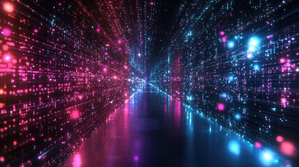 Poster - A vibrant digital corridor filled with colorful light particles, creating a futuristic, immersive atmosphere.