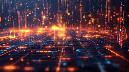 Poster - a vibrant digital landscape featuring glowing lines and lights, representing a futuristic data netwo