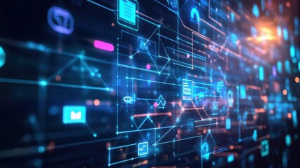 Poster - A vibrant digital network visualization with interconnected data points and glowing icons, symbolizing technology and communication.