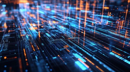 Poster - A vibrant, futuristic digital landscape featuring glowing lines and circuits, representing technology and data flow.