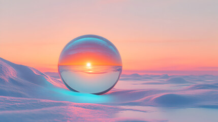 Wall Mural - Crystal ball / glass egg reflecting vibrant sunset/sunrise over a dreamy pink and blue snow/cloudscape, ethereal fantasy scene