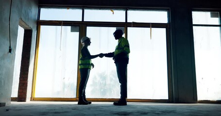 Poster - Handshake, engineering people or silhouette on construction site for welcome, support or building collaboration. Architect, hello or inspector man in shadow for introduction to property development
