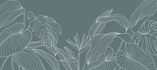 Tropical leaves background vector. Natural jungle monstera palm leaves design in minimal pale green color with contour line art. Design for fabric, print, cover, banner, decoration, wallpaper.