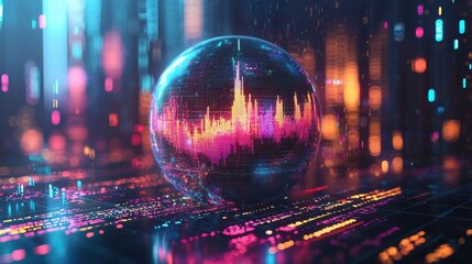 Poster - A vibrant digital sphere displays sound waves amid colorful data streams, representing a fusion of technology and audio visualization.