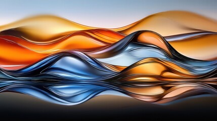 Poster - An abstract image featuring flowing waves in vibrant colors of blue, orange, and gold, creating a dynamic and fluid composition.